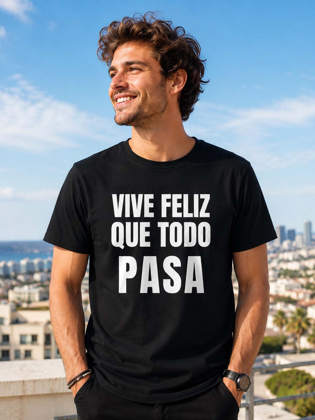 Happy Life Everything Goes Quote Men's T-Shirt Casual Short Sleeve Black Round Neck Daily Wear All Season Tee Gift